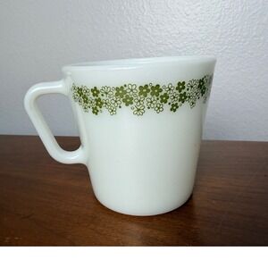 Pyrex 1410 Milk‎ Glass Mug Green Floral Pattern Microwave Safe USA